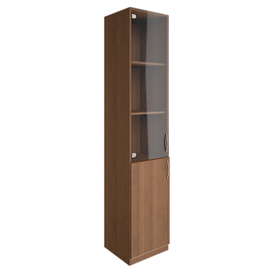 Шкаф высокий узкий (1 низкая дверь ЛДСП, 1 средняя дверь стекло)