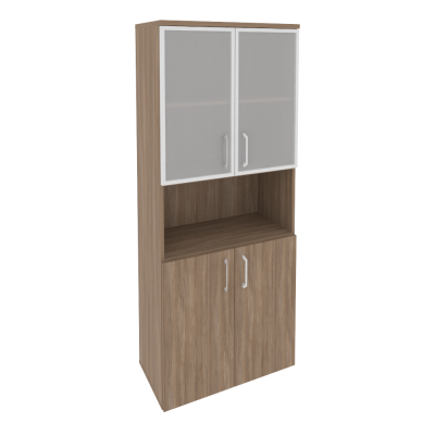 Шкаф высокий, широкий (2 низких фасада ЛДСП + 2 низких фасада стекло в раме)
