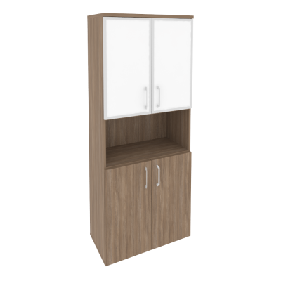 Шкаф высокий, широкий (2 низких фасада ЛДСП + 2 низких фасада стекло лакобель с раме)