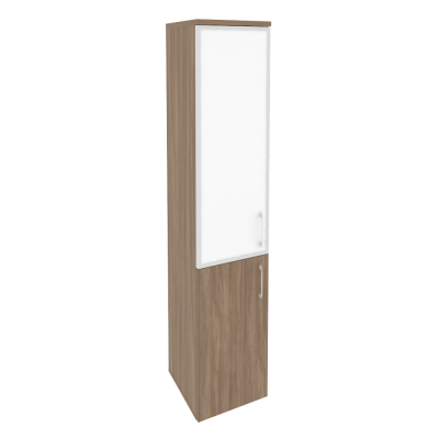 Шкаф высокий узкий (L/R) (1 низкий фасад ЛДСП + 1 средний фасад стекло лакобель в раме)