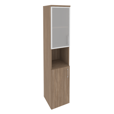 Шкаф высокий узкий (L/R) (1 низкий фасад ЛДСП + 1 низкий фасад стекло в раме)
